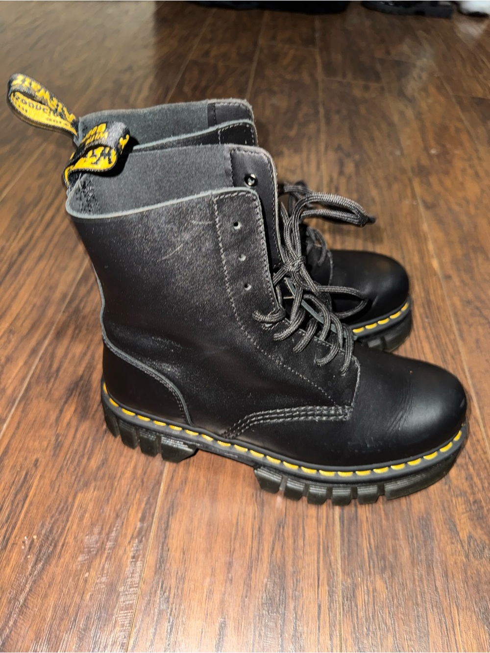 Dr. Martens Black Leather Lace-Up Boots with Yellow Stitching